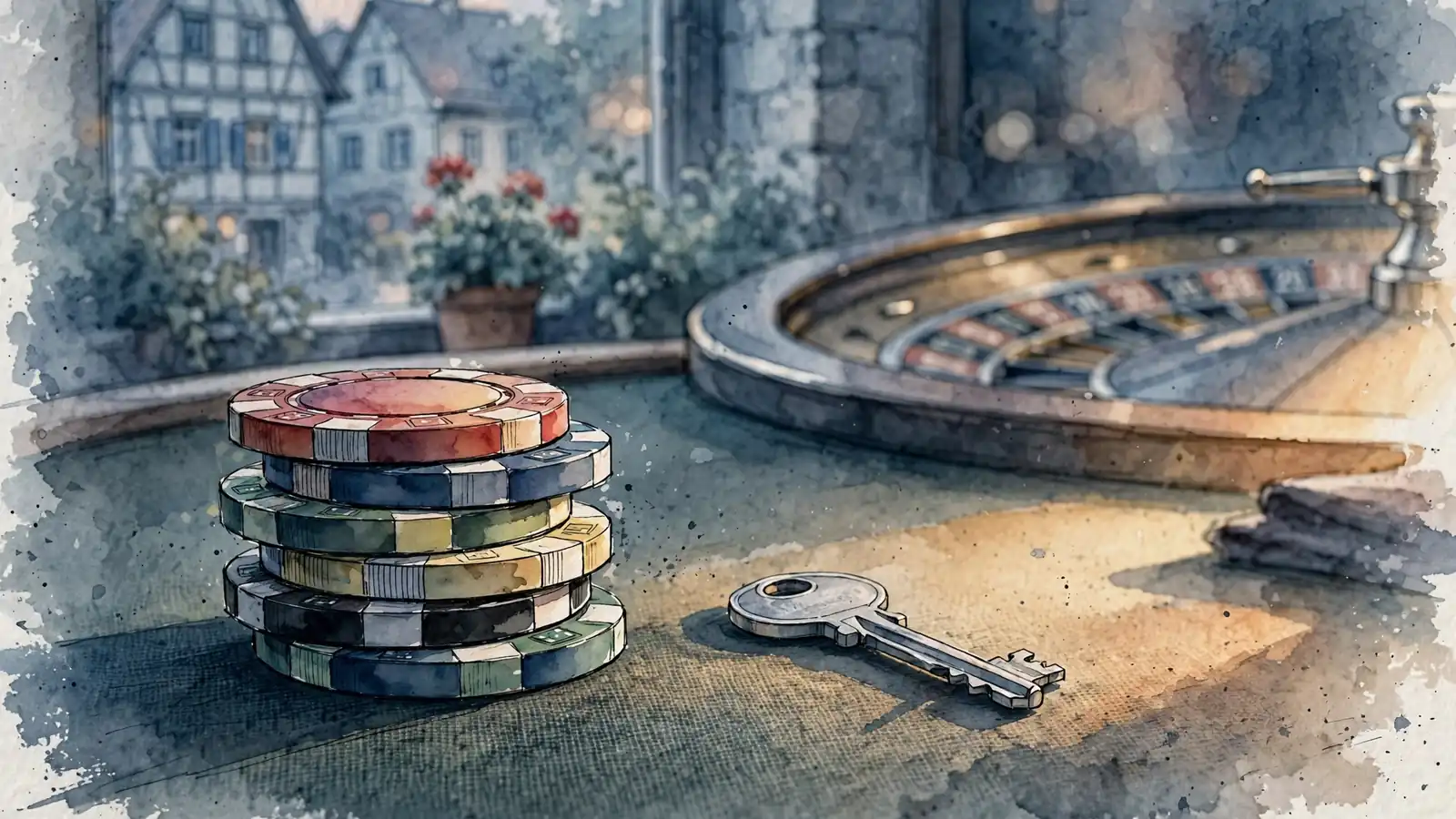 Stapel bunter Spielchips neben einem kleinen Schlüssel auf grünem Filz