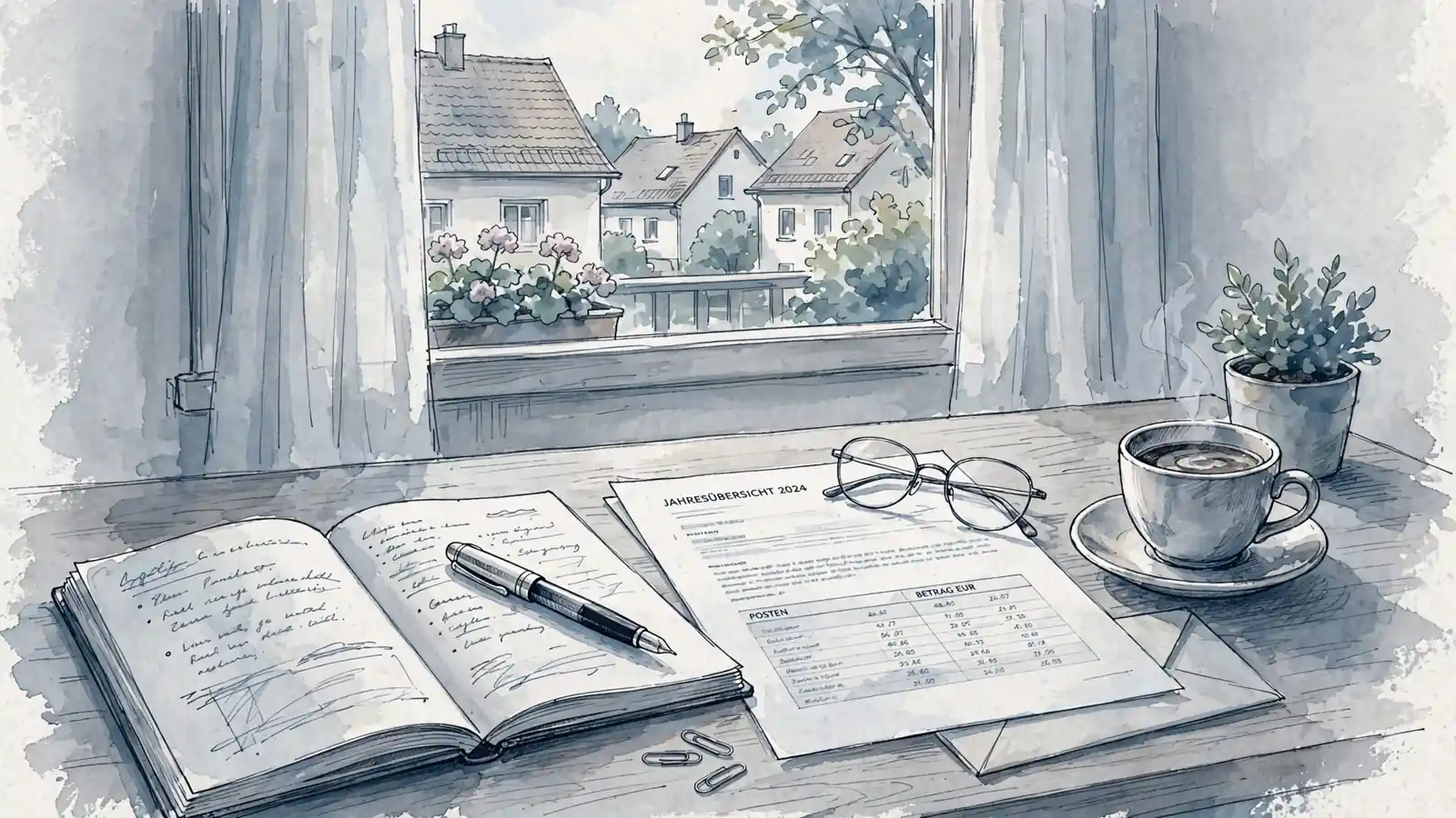 Schreibtisch mit aufgeschlagenem Notizbuch, Dokument und Brille bei Tageslicht