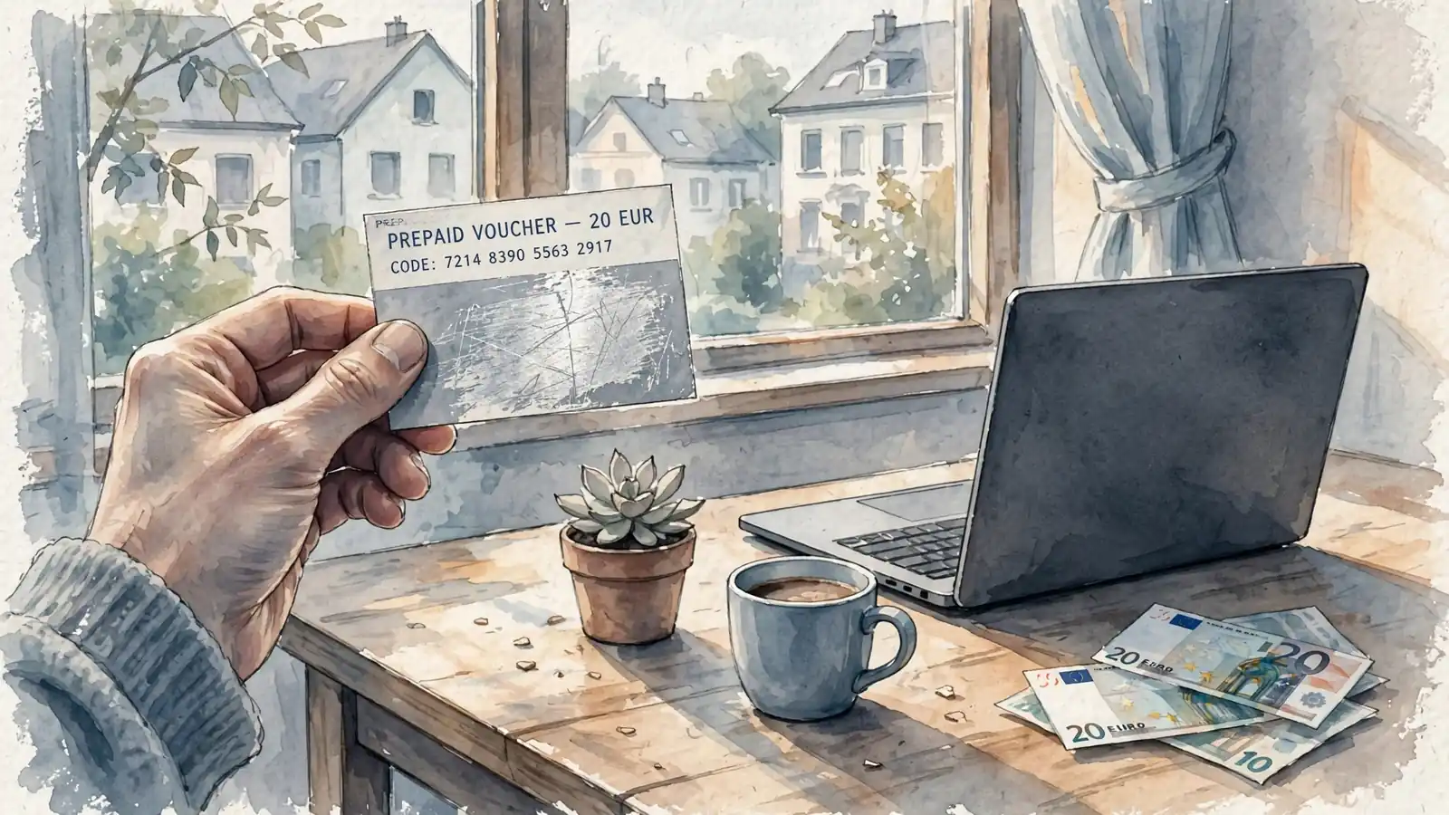 Hand mit Prepaid-Gutschein neben Laptop auf Schreibtisch bei Tageslicht