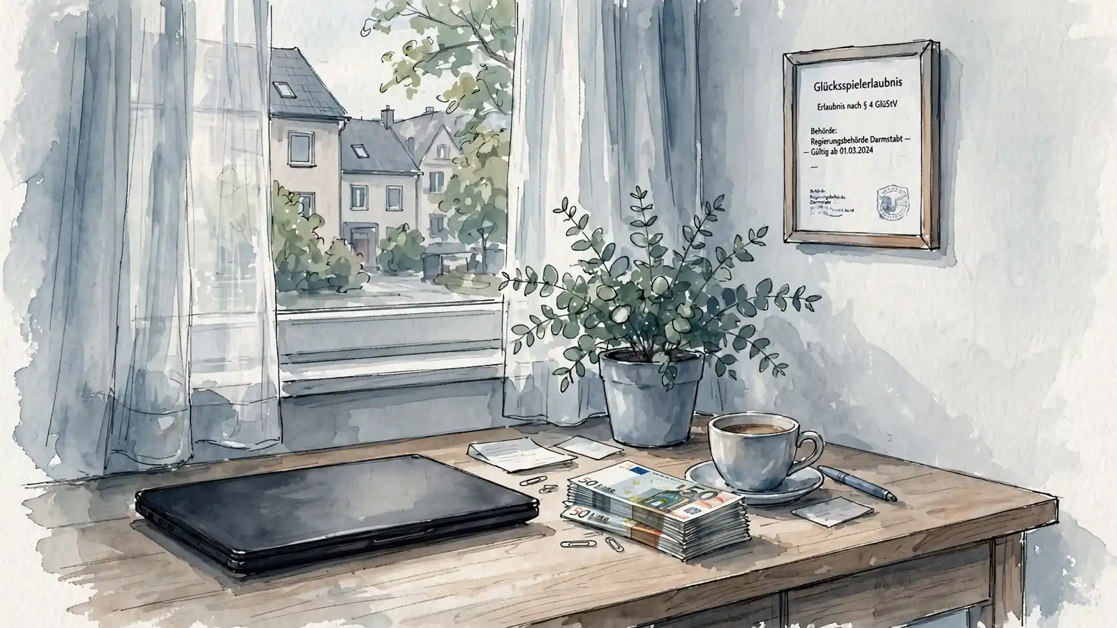 Schreibtisch mit Laptop, Euro-Geldscheinen und deutscher Glücksspiellizenz an der Wand