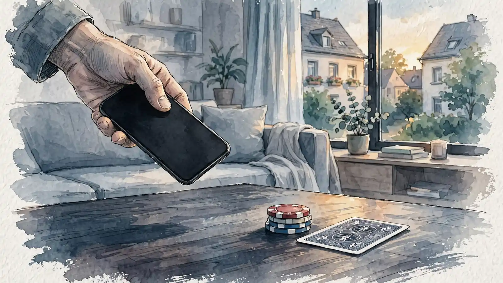 Hand hält Smartphone über Tisch mit Casino-Chips in modernem deutschen Wohnzimmer