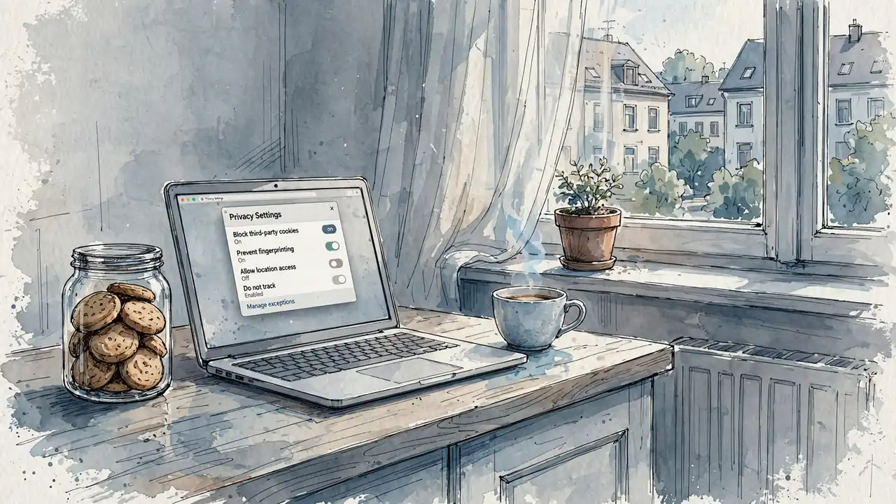Morgendliche Szene mit Keksglas und Laptop mit Datenschutzeinstellungen auf einer Holzarbeitsplatte.
