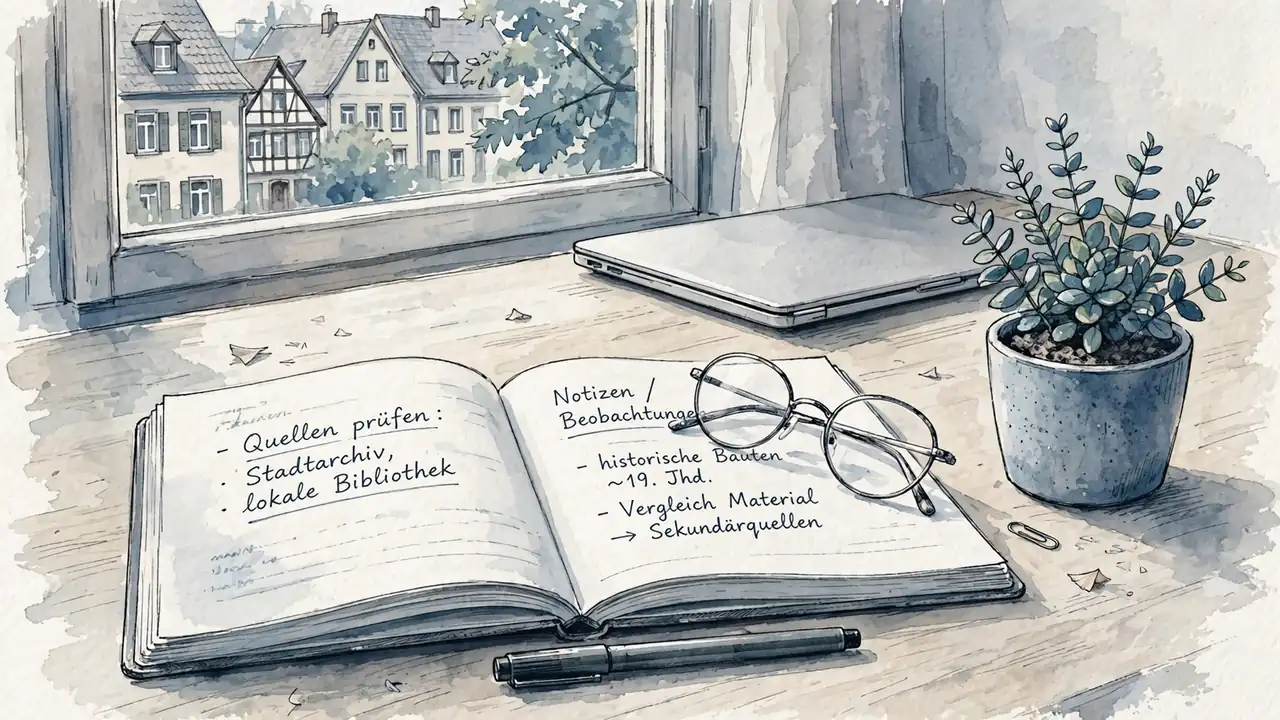 Offener Notizblock mit Brille und Stift auf einem Schreibtisch bei Tageslicht