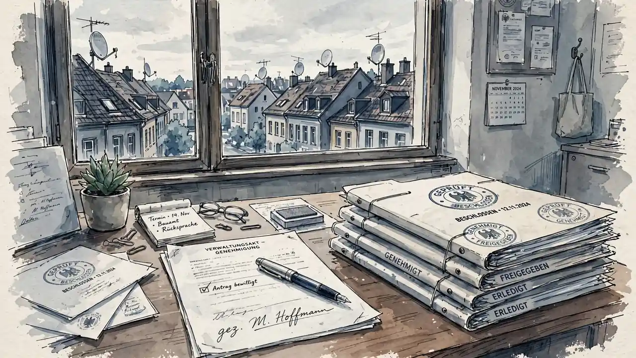 Schreibtisch mit Aktenordnern und Stempel im Verwaltungsgebäude