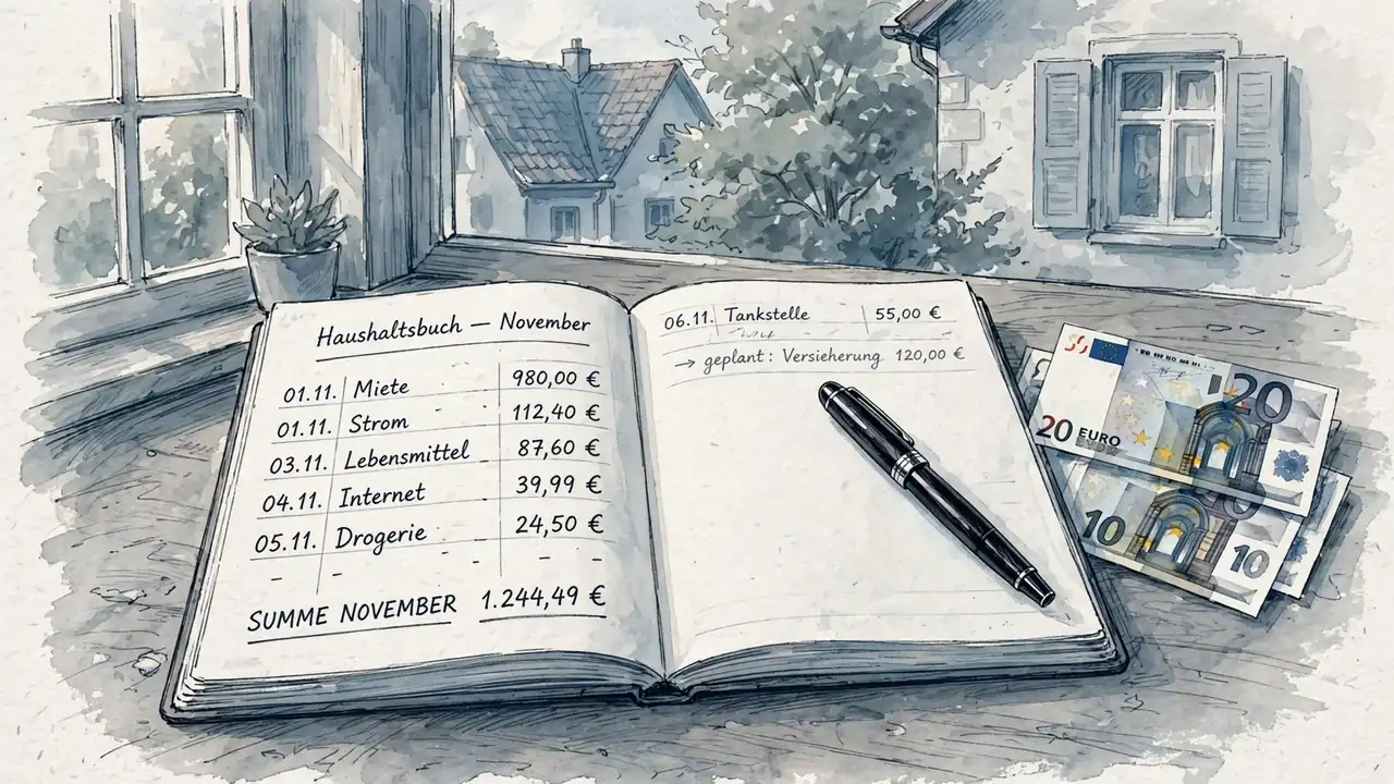 Offenes Haushaltsbuch mit Stift und Geldscheinen auf dem Schreibtisch