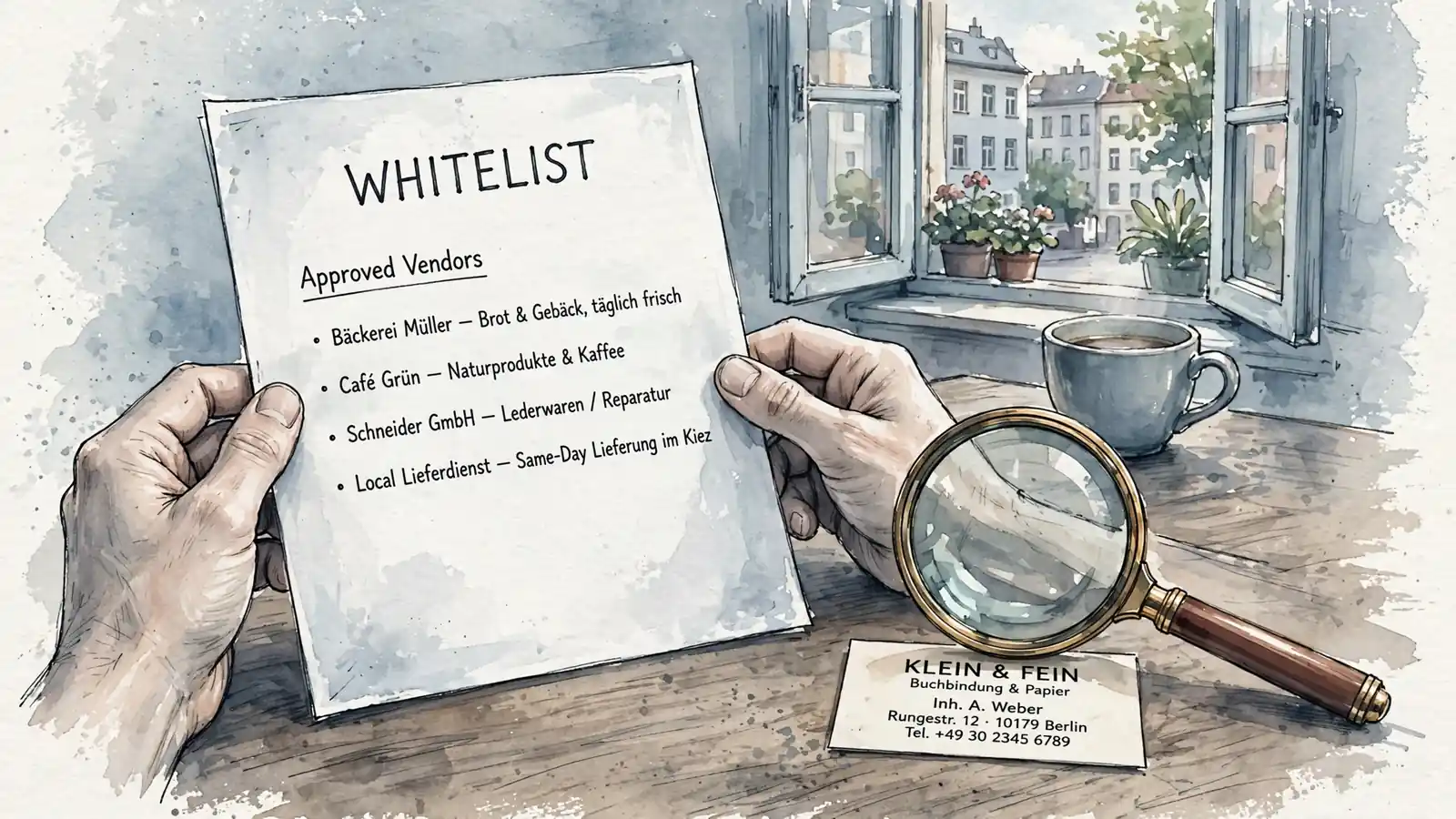 Hände vergleichen Whitelist-Ausdruck und Visitenkarte mit Lupe
