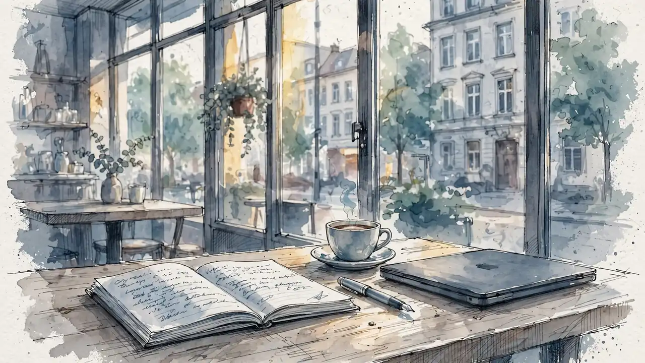 Helles Berliner Café mit offenem Notizbuch, Stift und Kaffeetasse auf einem Holztisch.
