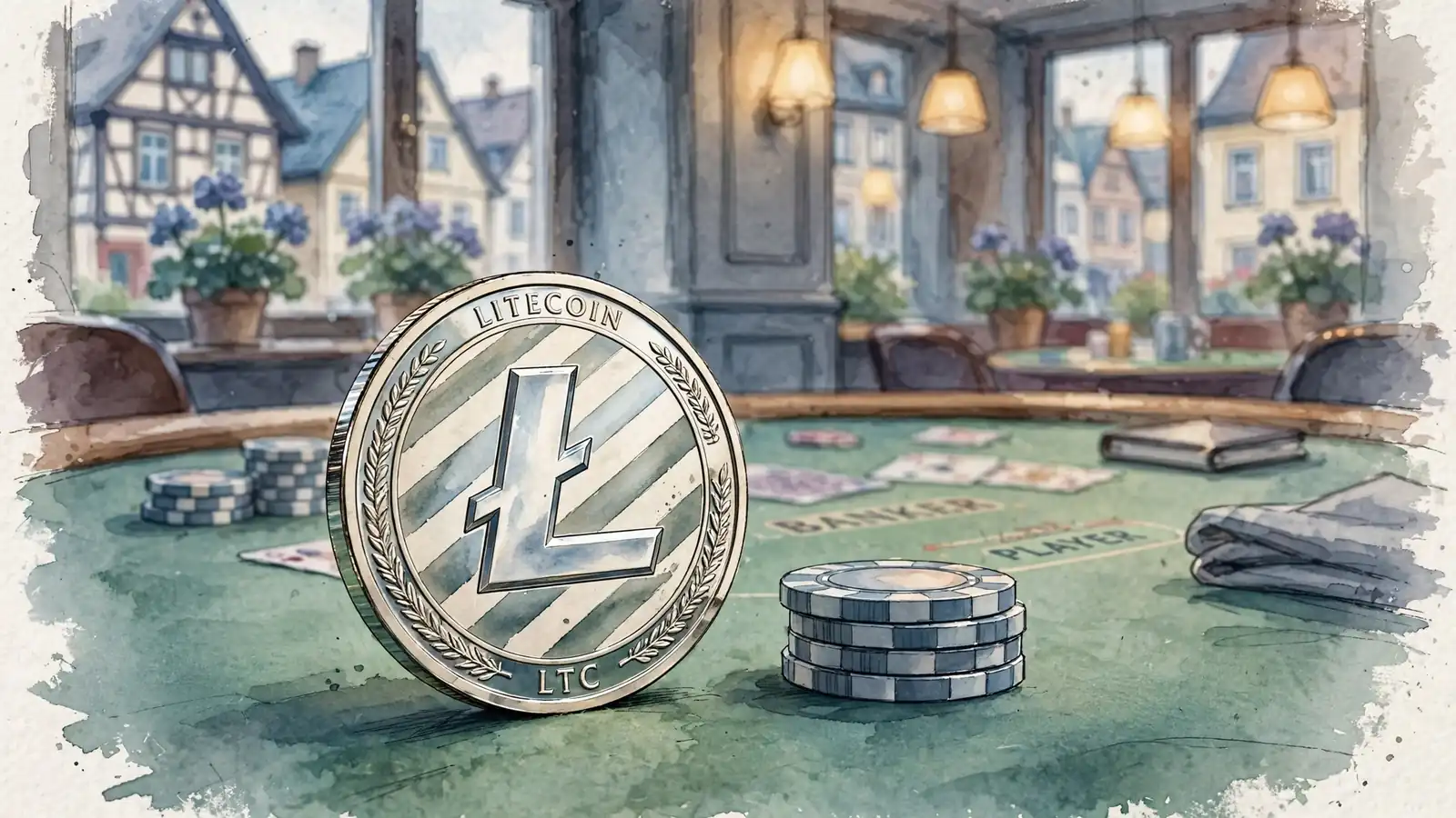Eine Litecoin-Münze auf Casino-Filz mit Spielchips