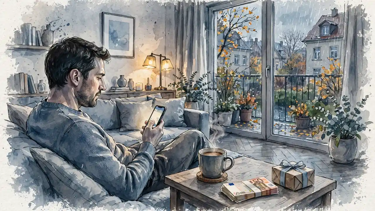 Person mit Smartphone im deutschen Wohnzimmer, Geschenkbox und Euro-Geldscheine symbolisieren den Neukundenbonus.