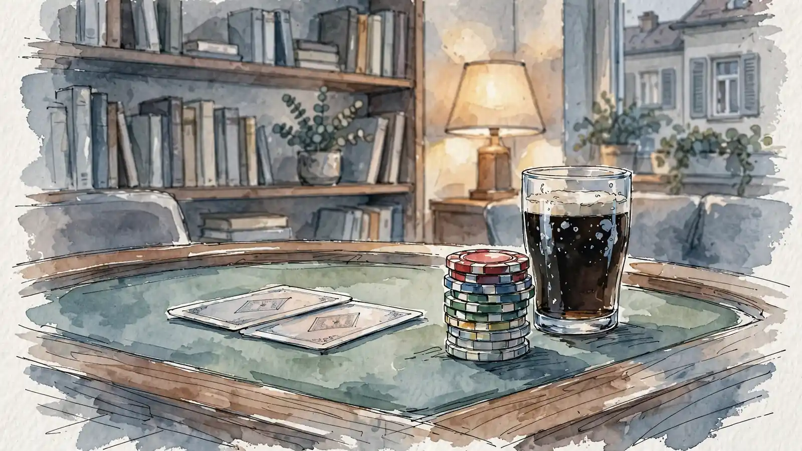 Holzerner Pokertisch mit Jetons, verdeckten Karten und Bierglas