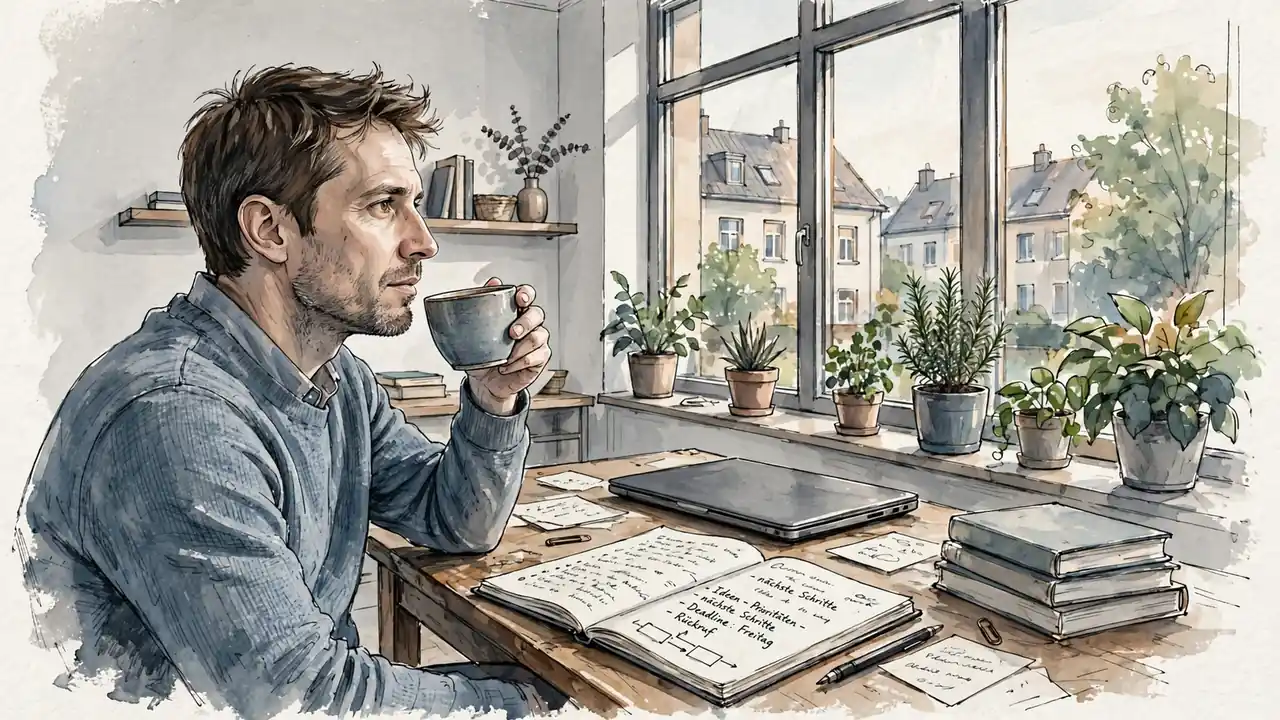 Nachdenklicher Mann mit Kaffeetasse und Notizbuch am Schreibtisch in moderner Wohnung